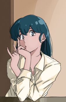 1girl :d blue_eyes blue_hair brown_background collared_shirt double_v highres maison_ikkoku non-web_source open_mouth otonashi_kyouko pensive poppowerhearts shirt smile solo v white_shirt