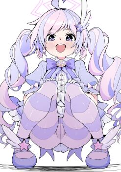 1girl absurdres ahoge blue_archive blush commentary crotch_seam drill_hair gloves hair_ornament halo hands_on_own_knees highres le_spectre looking_at_viewer multicolored_hair official_alternate_costume open_mouth pantyhose pink_hair pink_halo puffy_short_sleeves puffy_sleeves purple_eyes purple_hair purple_pantyhose purple_shoes reisa_(blue_archive) reisa_(magical)_(blue_archive) round_teeth shoes short_sleeves solo squatting star_(symbol) star_hair_ornament striped_clothes striped_pantyhose teeth twin_drills twintails two-tone_hair upper_teeth_only white_gloves wing_hair_ornament