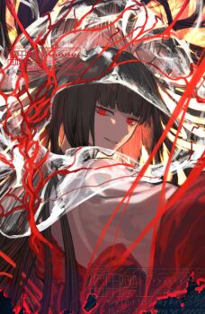 1girl black_hair bridal_veil highres hooded_kimono japanese_clothes kimono limbus_company long_hair looking_at_viewer looking_back nishikujic open_mouth project_moon red_eyes ryoshu_(project_moon) see-through_clothes shiromuku smile solo uchikake veil wataboushi white_kimono