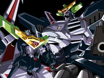 absurdres armor assault_visor black_background blue_eyes clenched_hand closed_eyes commentary finger_cannon gattai gem gradient_background highres j-der kds_(0049) king_j-der looking_at_viewer looking_down mecha mecha_focus open_mouth red_background red_gemstone robot science_fiction super_robot weapon yuusha_ou_gaogaigar yuusha_series