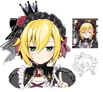 Image featuring 1boy, 82791ll, black_dress, blonde_hair, bow, commentary, crown, double_v - Gelbooru post #13860527