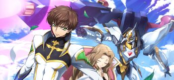 1boy 1girl arm_at_side artist_request blue_gloves blue_sky bodysuit braid brown_hair chair choker closed_eyes closed_mouth cloud code_geass code_geass:_lost_stories collarbone covered_collarbone day dutch_angle earpiece energy_gun falling_leaves firing game_cg glint gloves gold_trim green_eyes gun hair_intakes half_up_braid hands_up high_collar highres holding holding_gun holding_weapon kururugi_suzaku lancelot_(code_geass) lancelot_conquista leaf light_particles light_rays long_hair looking_at_viewer midair non-web_source nunnally_vi_britannia official_art on_chair outdoors outstretched_arm own_hands_together protecting purple_choker raised_eyebrows serious short_hair sidelocks sitting sky standing sunlight u_u upper_body v-shaped_eyebrows weapon white_bodysuit
