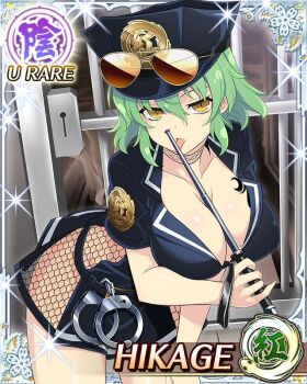 Rule 34 | 1girl, baton (weapon), border, breast tattoo, breasts, card (medium), character name, cleavage, cuffs, eyewear on head, game cg, green hair, hand on own thigh, handcuffs, hat, hikage (senran kagura), hip tattoo, large breasts, leaning forward, licking, licking weapon, looking at viewer, medium hair, official art, police, police hat, police uniform, policewoman, prison cell, senran kagura, senran kagura new wave, shoulder tattoo, slit pupils, snake tattoo, solo, sunglasses, tattoo, third-party source, tongue, tongue out, weapon, yellow eyes