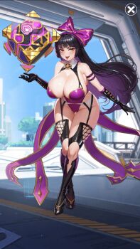 animated animated_gif breasts cleavage idle_epic_angels_of_fate latex long_hair non-web_source pandora_(idle_epic_angels_of_fate) tongue tongue_out topknot