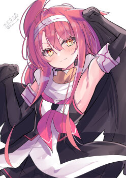 1girl absurdres ahoge asymmetrical_bangs black_serafuku braid elbow_gloves gloves hair_between_eyes hair_flaps hair_ornament hair_ribbon hairband highres hizaka kantai_collection kawakaze_(kancolle) kawakaze_kai_ni_(kancolle) long_hair looking_at_viewer low_twintails multicolored_scarf neckerchief one-hour_drawing_challenge red_hair red_neckerchief ribbon scarf school_uniform serafuku signature simple_background skirt solo twin_braids twintails twitter_username very_long_hair white_background white_scarf yellow_eyes