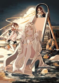 3girls absurdres barefoot blonde_hair brown_hair camisole coat denim denim_shorts double_v gakuen_idolmaster hanami_ume hatsuboshi_gakuen_school_uniform highres idolmaster innertube kuramoto_china light_bulb long_hair looking_at_viewer multiple_girls ny3z open_clothes open_coat open_mouth orange_eyes school_uniform shinosawa_hiro short_hair shorts sky slide smile surreal swim_ring thighhighs v water zettai_ryouiki