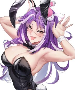 1girl absurdres animal_ear_hairband animal_ears armpits arms_up black_bow black_bowtie blush bow bowtie braid breasts detached_collar dobure18 fake_animal_ears hairband highres large_breasts leotard looking_at_viewer michi_mochievee multicolored_hair open_mouth purple_hair rabbit_ear_hairband rabbit_ears rabbit_tail side_braid simple_background solo stitched_face stitches strapless strapless_leotard streaked_hair tail upper_body virtual_youtuber vshojo white_background white_hair wrist_cuffs