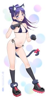 1girl absurdres animal_ear_fluff animal_ears bikini black_bikini black_gloves black_shoes black_socks bow bracelet breasts cat_ears cat_tail commentary covered_erect_nipples english_commentary full_body fur_bracelet gloves highres jewelry kneehighs large_variant_set long_hair miyao_nemu navel open_mouth paw_pose petite purple_bow purple_hair second-party_source shin_(sin-maniax) shoes side-tie_bikini_bottom small_breasts socks solo standing stomach swimsuit tail tail_bow tail_ornament thighs variant_set witch_watch