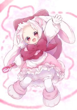 Rule 34 | 1girl, :d, animal hood, apron, arm up, bloomers, blush stickers, bow, bowtie, capelet, character request, commentary request, copyright request, dress, floating hair, full body, gloves, hair bow, highres, holding, holding wand, hood, hood up, long sleeves, loose socks, magical girl, nipeira, open mouth, pantyhose, paw shoes, petticoat, pink capelet, pink dress, pink eyes, pink socks, puffy long sleeves, puffy sleeves, rabbit hood, rabbit tail, red bow, red bowtie, short hair, smile, socks, solo, tail, tareme, underwear, v-shaped eyebrows, waist apron, wand, white apron, white bloomers, white footwear, white gloves, white hair, white pantyhose