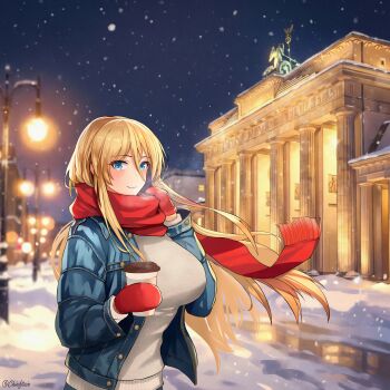 1girl absurdres alternate_costume azur_lane berlin bismarck_(azur_lane) blonde_hair blue_coat blue_eyes blurry blurry_background blush brandenburg_gate breasts breath building casual chieftain_art13 christmas closed_mouth coat commentary cup depth_of_field english_commentary floating_hair floating_scarf germany gloves hair_between_eyes hand_up highres holding holding_cup lamppost large_breasts long_hair long_sleeves looking_at_viewer mittens night open_clothes open_coat outdoors pillar real_world_location red_mittens red_scarf scarf smile snow snowing solo sweater upper_body very_long_hair white_sweater winter winter_clothes