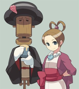 1girl ace_attorney anime_coloring archived_source black_hair black_sleeves bow brown_hair capcom closed_mouth cosplay cowboy_shot cross-laced_armwear cup derivative_work green_background green_eyes hair_intakes hair_ornament hair_rings half_updo holding holding_cup itsumo_nokoru jacket japanese_clothes jewelry kimono long_sleeves looking_at_viewer magatama magatama_necklace morgan_fey morgan_fey_(cosplay) mr_hat_(ace_attorney) necklace obi obijime pearl_fey pearl_necklace purple_jacket red_bow sash short_hair simple_background smile solo_focus sphere_hair_ornament split_mouth sprite_redraw three-quarter_sleeves two-sided_sleeves white_kimono white_sleeves wide_sleeves yellow_sash yunomi
