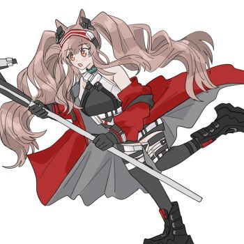 Rule 34 | 1girl, angelina (arknights), angelina (distinguished visitor) (arknights), animal ears, arknights, bare shoulders, belt, black boots, black collar, black gloves, black leotard, black thighhighs, blush, boots, breasts, brown hair, coat, collar, commentary request, dot nose, foot out of frame, fox ears, fox girl, gloves, hairband, highres, holding, holding staff, infection monitor (arknights), kkngntinntm, leaning forward, leg up, leotard, long hair, looking to the side, medium breasts, off shoulder, official alternate costume, one-hour drawing challenge, open clothes, open coat, orange eyes, over-kneehighs, red coat, red hairband, simple background, solo, staff, standing, standing on one leg, striped clothes, striped hairband, thigh belt, thigh strap, thighhighs, twintails, two-sided coat, two-sided fabric, two-tone hairband, white background, white belt