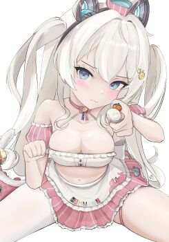 Rule 34 | 1girl, apron, azur lane, bare shoulders, bell, blue eyes, blush, breasts, cat tail, character name, cleavage, commentary, crop top, detached sleeves, fang, food, hair between eyes, hair ornament, hairpin, hammann (azur lane), hammann ii (azur lane), hammann ii (hammann's scrumptious spells) (azur lane), hands up, highres, holding, holding spoon, hollow catalpa, ice cream, leaning forward, long hair, looking at viewer, mechanical ears, medium breasts, miniskirt, navel, paw pose, pink skirt, pleated skirt, simple background, single bare leg, single thighhigh, sitting, skirt, solo, spoon, spread legs, symbol-only commentary, tail, tail bell, tail ornament, thighhighs, thighs, very long hair, waist apron, wavy mouth, white apron, white background, white hair