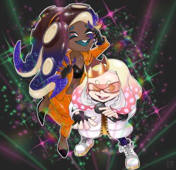 Rule 34 | 2girls, bra, breasts, crown, dark-skinned female, dark skin, fingerless gloves, gloves, goggles, jacket, long sleeves, marina (damp socks feat. off the hook) (splatoon), marina (splatoon), multiple girls, namuro, nintendo, octoling, one eye closed, open clothes, open shirt, pants, pearl (damp socks feat. off the hook) (splatoon), pearl (splatoon), shoes, small breasts, splatoon (series), splatoon 3, tentacle hair, underwear