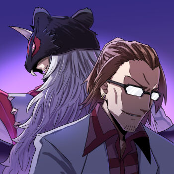 2boys absurdres astamon character_request demon digimon digimon_(creature) digimon_beatbreak evil_smile formal_clothes hase_popopo highres long_hair multiple_boys shaded_face short_hair smile