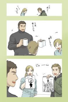 Rule 34 | 1girl, 2boys, beard stubble, black hair, black shirt, blonde hair, blue shirt, chris redfield, coffee, coffee mug, commentary request, cup, ethan winters, facial hair, holding, holding sketchbook, jacket, jill valentine, mug, multiple boys, nemesis (resident evil), open mouth, ponytail, resident evil, resident evil village, shirt, sketchbook, smile, stubble, t (t345678912)