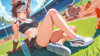 1girl absurdres animal_ears belt belt_buckle black_shirt black_shorts breasts brown_belt brown_eyes brown_fur brown_gloves brown_hair buckle carrot_on_stick cleavage closed_mouth commission crop_top gloves highres horse horse_ears horse_girl horse_tail indie_virtual_youtuber knee_up looking_at_viewer medium_hair multicolored_hair navel necklesslee outdoors purple_hair running_track second-party_source shirt shoes shorts sitting smile stadium tail tomoe_umari towel towel_around_neck traffic_cone virtual_youtuber white_hair white_shoes