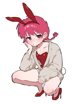 1girl blush bored braid braided_ponytail high_heels highres kanai_ouo playboy_bunny ranma-chan ranma_1/2 red_eyes red_hair simple_background solo white_background