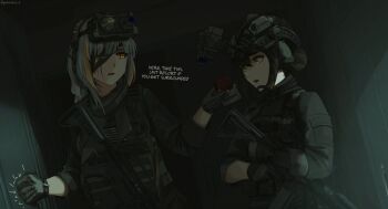 Rule 34 | 2girls, ar-15, assault rifle, blunt bangs, body armor, braid, brown hair, dgkamikaze, eyepatch, girls' frontline, gloves, gun, helmet, highres, knocking, long hair, long sleeves, looking at another, m16, m16a1 (boss) (girls' frontline), m16a1 (girls' frontline), multicolored hair, multiple girls, night vision device, object request, rifle, scar, scar across eye, scar on face, tactical clothes, weapon, white hair, yellow eyes