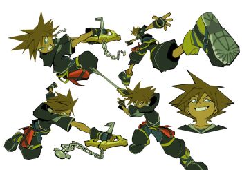 Rule 34 | 1boy, black gloves, black jacket, blue eyes, boots, brown hair, chain, chain necklace, clenched teeth, cropped torso, deringshane, fighting stance, fingerless gloves, full body, furrowed brow, gloves, hair between eyes, highres, holding, holding weapon, hood, hooded jacket, jacket, jewelry, keyblade, kingdom hearts, male focus, multiple views, necklace, short hair, solo, sora (kingdom hearts), spiked hair, teeth, upper body, weapon, white background, yellow boots