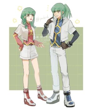 1boy 1girl blue_shirt braid brother_and_sister commentary_request full_body green_hair high_ponytail hood hooded_jacket jacket kiyuubsth lua_(yu-gi-oh!) luca_(yu-gi-oh!) pants parted_lips pink_shirt ponytail sample_watermark shirt shorts siblings smile twin_braids twins watermark white_jacket white_pants white_shorts yellow_eyes yu-gi-oh! yu-gi-oh!_5d's