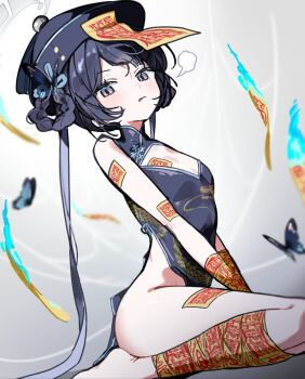 1girl alternate_costume alternate_hairstyle black_hair blue_archive braid braided_hair_rings breasts bug butterfly butterfly_hair_ornament china_dress chinese_clothes dandandanholo double_bun dragon_print dress feet flat_chest hair_bun hair_ornament hair_rings halo hat insect kisaki_(blue_archive) kneeling loli long_hair looking_at_viewer no_panties no_shoes ofuda ofuda_on_head puff_of_air side_braid sideless_outfit sitting sleeveless sleeveless_dress small_breasts solo thighs twintails very_long_hair wariza