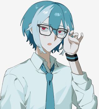 1boy adachi_anyo adjusting_eyewear black-framed_eyewear blue_hair blue_nails blue_necktie commentary glasses highres long_sleeves male_focus matsudappoiyo multicolored_hair necktie open_mouth red_eyes shirt short_hair solo streaked_hair symbol-only_commentary utau white_shirt white_streaks wristband