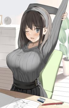 1girl black_hair black_skirt blue_eyes blush breasts chair eraser grey_eyes grey_hairband grey_sweater hairband highres indoors kureha_(ironika) large_breasts long_hair long_sleeves looking_at_viewer mechanical_pencil notebook on_chair one_eye_closed open_mouth original pencil plant pleated_skirt potted_plant ribbed_sweater sitting skirt solo stretching sweater table