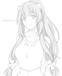 Rule 34 | 1girl, akikan ooo, animal ears, arms behind back, blunt bangs, breasts, character name, cleavage, closed mouth, clothes writing, collarbone, cropped shirt, flower, greyscale, hair flower, hair ornament, high ponytail, long hair, looking at viewer, midriff, monochrome, navel, ponytail, raccoon ears, raccoon girl, raphtalia, shirt, simple background, smile, solo, stomach, tate no yuusha no nariagari, upper body, white background