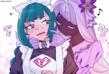 2girls braid brown_eyes commentary_request dark-skinned_female dark_skin fang green_hair jacinthe_(pokemon) korean_commentary korean_text lebanne_(pokemon) long_hair looking_at_another maid maid_headdress multiple_girls nintendo open_mouth pokemon pokemon_legends:_z-a purple_hair single_braid smile sweat whiteroahyaku yuri