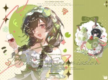 Rule 34 | 1girl, blunt bangs, bow, brown hair, cake, chibi, chibi inset, collarbone, commission, cup, detached sleeves, dress, drinking glass, eyelashes, food, green bow, hair bow, hair ornament, hairband, hairpin, holding, holding cup, ice cream, jiu gao bomu wang, long hair, mihuashi commission, multiple views, open mouth, original, plate, red eyes, red ribbon, ribbon, screentones, short sleeves, sidelocks, upper body, watermark, wine glass