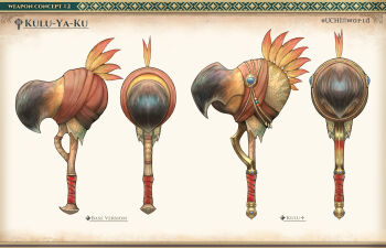artist_name beads bone character_name reference_sheet concept_art english_text gem gradient_background hammer highres kulu-ya-ku monster_hunter:_world monster_hunter_(series) no_humans orange_feathers rope scales uchi_vs_the_world weapon weapon_focus