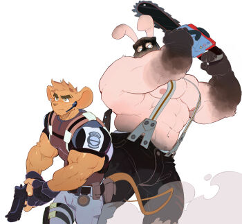 2boys abs bag_over_head bara belt biceps black_pants blank_eyes blue_pants broad_shoulders brown_eyes brown_hair chainsaw chris_redfield chris_redfield_(cosplay) commentary cosplay english_commentary fingerless_gloves frown furry furry_male gloves gun halloween halloween_costume headset highres holding holding_chainsaw holding_gun holding_weapon holster huge_pectorals male_focus mouse_boy mouse_tail multiple_boys muscular muscular_male original pants purple_shirt rabbit_boy resident_evil resident_evil_5 shiny_skin shirt simple_background suspenders sweat tail thick_arms thick_eyebrows thick_thighs thigh_holster thighs tight_clothes tight_shirt triceps uleez v-taper veins veiny_arms weapon whiskers white_background yellow_pupils