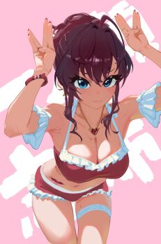 1girl \\// absurdres ahoge arm_garter armpits arms_up bikini blue_eyes breasts brown_hair cleavage collarbone fingernails frilled_bikini frills highres ichinose_shiki idolmaster idolmaster_cinderella_girls jewelry looking_at_viewer nail_polish navel necklace pink_background red_bikini sidelocks solo stomach swimsuit text_background thigh_strap tomber