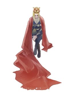 1boy black_boots blonde_hair blue_eyes boots cape crown full_body hashtag-only_commentary highres lies_of_p long_hair male_focus motimoti0144 red_cape romeo_(lies_of_p) simple_background sitting smile solo white_background