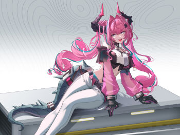 1girl absurdres arknights arknights:_endfield arm_support bare_shoulders black_gloves black_horns black_shirt breasts chinese_commentary commentary_request cone_hair_bun cropped_jacket double_bun dragon_horns estpoetry gloves green_tail hair_bun hair_intakes hair_ornament highres horns jacket large_breasts long_hair long_sleeves looking_at_viewer multicolored_hair navel open_mouth pants pink_jacket pointy_ears see-through_clothes see-through_sleeves shirt sidelocks sitting smile solo stomach streaked_hair tight_clothes tight_pants twintails white_pants yellow_eyes yvonne_(arknights)