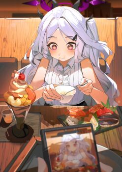 +_+ 1girl 1other :t absurdres ayu_(user_xkhp7843) blue_archive blush bowl breasts cellphone cellphone_photo cherry closed_mouth commentary eating food fruit happy highres hina_(blue_archive) holding holding_bowl holding_phone holding_spoon ice_cream indoors long_hair looking_at_food parted_bangs phone pov_across_table purple_eyes shirt sitting small_breasts smartphone solo_focus spoon sushi table tray upper_body viewer_holding_phone white_shirt