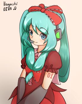 1girl absurdres aqua_eyes aqua_hair arm_tattoo blue_eyes blue_hair commentary cosplay dress frilled_dress frills hatsune_miku headphones headset highres kagiyama_hina kagiyama_hina_(cosplay) long_hair red_dress red_ribbon ribbon short_sleeves simple_background smile solo tattoo touhou tskuru_tazaki upper_body vocaloid