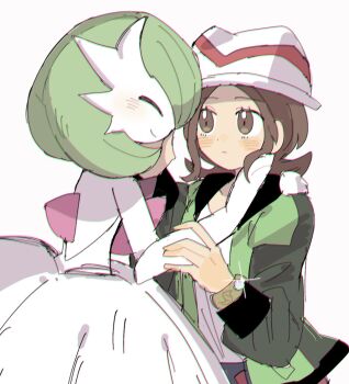 2girls blush bracelet brown_eyes brown_hair closed_eyes colored_skin dress gardevoir gen_3_pokemon green_jacket han0579 harmony_(pokemon) hat highres jacket jewelry mega_gardevoir mega_pokemon mega_stone multiple_girls nintendo pokemon pokemon_(creature) pokemon_legends:_z-a simple_background smile white_background white_dress white_skin