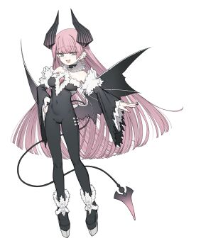 1girl absurdres bodysuit breasts covered_navel demon_girl demon_tail detached_sleeves ear_piercing fingernails full_body grey_eyes highres horns long_fingernails long_hair looking_at_viewer medium_breasts open_mouth original piercing pink_hair riuichi smile solo tail very_long_hair wings