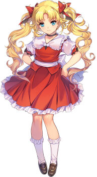 1girl blonde_hair blue_eyes choukou_(alicesoft) choukou_taisen_escalation_heroines clenched_hand dress full_body hands_on_own_hips kneehighs long_hair looking_at_viewer min-naraken official_art ootori_akane red_dress smile socks solo tachi-e twintails zero_shiki