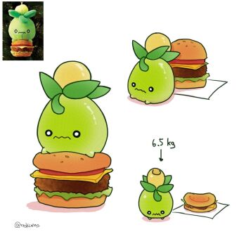 burger closed_mouth commentary english_commentary food multiple_views nintendo no_humans pokemon pokemon_(creature) reference_inset rekcmas simple_background sitting sitting_on_food smoliv twitter_username wavy_mouth white_background