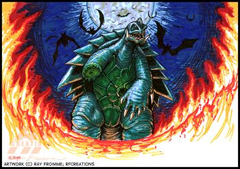 acrylic_paint_(medium) amputee bleeding blood claws colored_blood daiei_film fire full_moon gamera gamera_(series) gamera_3:_revenge_of_iris giant giant_monster green_blood gyaos hyper_gyaos injury kaiju monster moon multiple_persona night no_humans open_mouth painting_(medium) ray_fromme roaring sea_monster sharp_teeth silhouette talons teeth tongue traditional_media turtle tusks wings wounds yellow_eyes
