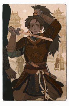 2boys above_clouds architecture armor black_hanfu blood blood_on_face border brown_armor brown_eyes brown_hair brown_pants chinese_armor chinese_clothes clenched_hand cloud crying crying_with_eyes_open earrings east_asian_architecture fluffy_hair green_shirt hand_up hanfu high_ponytail highres holding holding_own_hair holding_sword holding_weapon horrified imminent_suicide jewelry kneeling long_hair looking_at_viewer male_focus mu_qing_(tianguan_cifu) multiple_boys official_art open_mouth pants people ponytail quan_yizhen rounded_corners sheath shirt shoulder_armor sky streaming_tears sword tears tianguan_cifu very_long_hair weapon white_border wide-eyed xiao_guan_(headdress) yaroslava_murashko yellow_background yellow_sky yin_yu