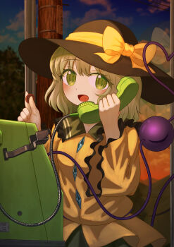 1girl absurdres black_hat bow buttons coin commentary_request diamond_button ekaapetto eyeball frilled_shirt_collar frilled_sleeves frills green_eyes green_hair green_skirt hat hat_bow heart heart_of_string highres holding holding_coin komeiji_koishi long_sleeves making-of_available open_mouth paid_reward_available payphone phone shirt skirt smile solo third_eye touhou wide_sleeves yellow_bow yellow_shirt