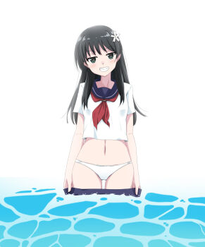 1girl black_hair breasts clothes_pull green_eyes grin half-closed_eyes highres legs long_hair looking_at_viewer medium_breasts midriff navel ocean panties pulling_own_clothes saten_ruiko skirt skirt_pull smile solo thighs toaru_kagaku_no_railgun toaru_majutsu_no_index underwear water white_panties