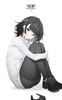 1girl absurdres arknights arknights:_endfield black_hair black_pantyhose black_shoes black_shorts blue_eyes commentary copyright_logo copyright_name endministrator_(arknights) female_endministrator_(arknights) from_side highres hugging_own_legs logo long_sleeves looking_at_viewer looking_to_the_side mask medium_hair pantyhose shoes shorts simple_background sitting solo sweater symbol-only_commentary turtleneck turtleneck_sweater unworn_mask white_background white_sweater xooku