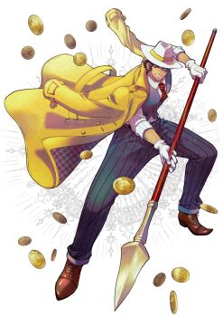 1boy absurdres black_pants blue_eyes brown_hair brown_shoes coin commentary_request gloves hat highres holding holding_polearm holding_weapon jacket jacket_on_shoulders male_focus necktie octopath_traveler octopath_traveler_ii pants partitio_yellowil polearm red_necktie shoes smile solo spear togekawaaaaaa watermark weapon white_background white_gloves white_hat yellow_jacket