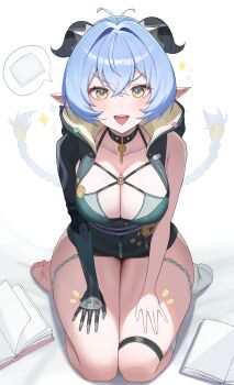 1girl absurdres accessories animal_ears black_horns black_unitard blue_eyes blue_hair blush book bra braid breasts choker cleavage collarbone commentary_request full_body goat_ears goat_girl goat_horns green_bra hair_between_eyes hair_intakes hands_on_own_legs highres hood horizontal_pupils horns key key_choker knee_strap lap_pillow_invitation large_breasts long_hair looking_at_viewer lucia_elowen medallion mole mole_on_arm multicolored_eyes no_shoes open_mouth pillow pointy_ears seiza single_bare_foot single_bare_shoulder single_sleeve single_sock sitting socks solo sparkle speech_bubble spoken_object triangle_mouth twin_braids underwear unnunal_(unneonal) v-shaped_eyebrows white_background white_socks yellow_eyes zenless_zone_zero