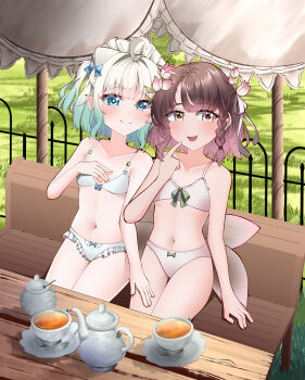 2girls ahoge blue_eyes bra brown_hair closed_mouth commission cup densetsu.exe flower grass hair_flower hair_ornament highres indie_virtual_youtuber looking_at_viewer mint_fantome mug multiple_girls open_mouth outdoors panties phoebe_(vtuber) pointy_ears reqware sitting smile tea underwear underwear_only virtual_youtuber white_bra white_hair white_panties yellow_eyes